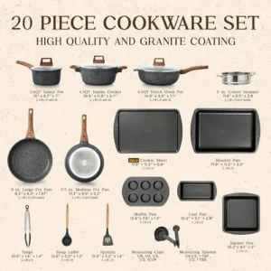 Bakken-Swiss 20-Piece Kitchen Cookware Set – Granite Non-Stick – Eco-Friendly – for All Stoves & Oven-Safe – Marble coating