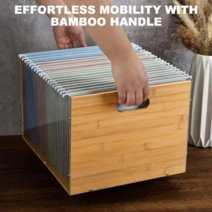 Bamboo File Organizer Box with Clear Acrylic, Record Storage Crate for Home and Office, Stylish and Durable Document Storage Solution – Perfect for Papers, Folders, and Desk Organization