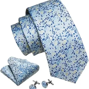 Barry.Wang Flower Ties for Men Handkerchief Cufflinks Set Wedding Necktie Set Party