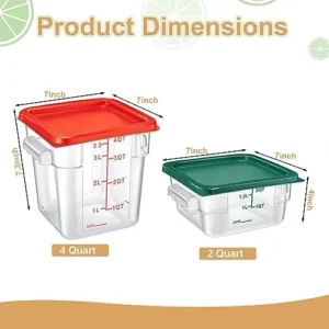 Barydat 4 Pcs Food Storage Container with Lids Set 2qt and 4qt Square Clear Commercial Containers with Scales Handles for Home Restaurant Kitchen Food Storage, Proof Dough, Marinating Meat(Red Green)