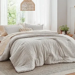 Bedsure Boho Comforter Set Queen – Linen Tufted Bedding Comforter Set, 3 Pieces Farmhouse Shabby Chic Embroidery Bed Set, Striped Pattern Comforter for All Seasons