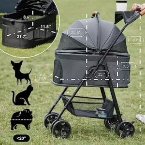 BEKA Folding Dog Stroller, Pet Folding Stroller, 4 Wheels Dog/Cat Puppy Stroller w/Removable Travel Carrier for Small/Medium Pet, Waterproof Pad, Car Seat, Sun Shade