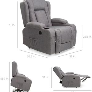 Best Choice Products Modern Linen Electric Power Lift Chair, Recliner Massage Chair, Adjustable Furniture for Back, Legs w/ 3 Positions, USB Port, Heat, Cupholders, Easy-to-Reach Button – Gray