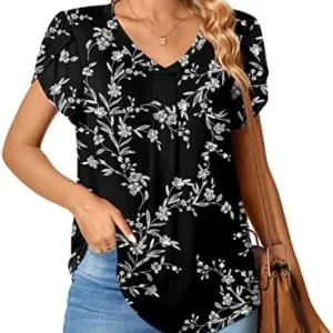 Bestbee Women’s Petal Sleeve Tops V Neck Short Sleeve Shirts Cute Summer Casual T-Shirts Loose Fit Blouses