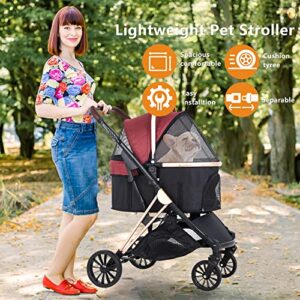 BestPet Pet Stroller Premium 3-in-1 Multifunction 4 Wheels Dog Cat Stroller for Medium Small Dogs Cats Aluminium Frame Folding Lightweight Travel Stroller with Detachable Carrier,44lbs Capacity,Wine