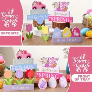 BFAZKXY 9PCS Easter Spring Decorations for The Home, Easter Spring Tiered Tray Decor Set for Rustic Kitchen Table Farmhouse Decor, Bunny Rabbit Eggs Wooden Spring Sign Decor