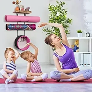 Bikoney Yoga Mat Holder Wall Mount Yoga Mat Storage Home Gym Accessories with Wood Floating Shelves and 4 Hooks for Hanging Foam Roller and Resistance Bands Fitness Home Gym