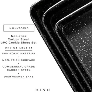 BINO Bakeware Nonstick Cookie Sheet Baking Tray Set 3-Piece – Speckled Black | NonStick Baking Pans Set | Carbon Steel Tray Bakeware Sets | Oven Safe Baking Set | Cookie Sheet Pans | Food-Safe Tray