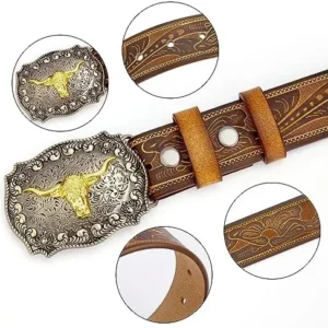 BISON DENIM Men’s Western embossed Genuine leather belts with golden Cowboy Longhorn Bull Buckle Belt