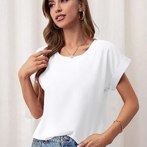 Bliwov Womens Tops Scoop Neck T Shirts Rolled Short Sleeve Blouse 2024 Basic Loose Summer Spring Fashion Clothes Casual Tee