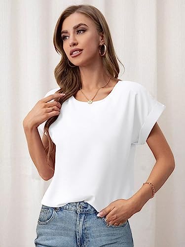 Bliwov Womens Tops Scoop Neck T Shirts Rolled Short Sleeve Blouse 2024 Basic Loose Summer Spring Fashion Clothes Casual Tee