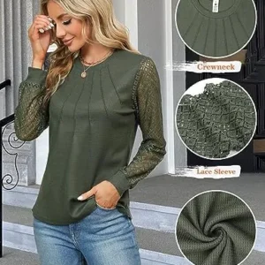 Blooming Jelly Women’s Waffle Knit Tops Dressy Business Casual Blouses Lace Long Sleeve Work Shirts Fall Clothes