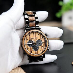 BOBO BIRD Wooden Mens Watches Stylish Wood & Stainless Steel Combined Chronograph Military Quartz Casual Wristwatches