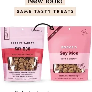 Bocce’s Bakery Oven Baked Say Moo Treats for Dogs, Wheat-Free Everyday Dog Treats, Made with Real Ingredients, Baked in The USA, All-Natural Soft & Chewy Cookies, Beef & Cheddar Recipe, 6 oz