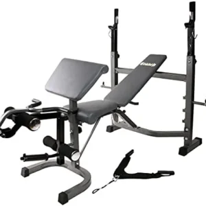 Body Champ Olympic Weight Bench, Workout Equipment for Home Workouts, Bench Press with Preacher Curl, Leg Developer and Crunch Handle At Dark Gray/Black, BCB5860