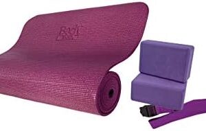 Body Sport 4-Piece Yoga Kit, Includes (1) 72-inch x ¼-inch Purple Yoga Fitness Mat, (2) Purple Yoga Blocks, & (1) 6-Foot Purple Yoga Strap – Yoga Set for Beginners & Experienced Yogis – Perfect for