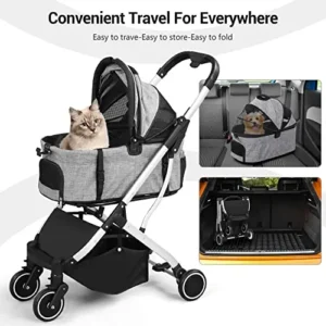 BOINN Pet Stroller, Dog Stroller for Small Medium Dog Cat with Detachable Carrier, Aluminum Alloy Frame Lightweight Foldable 4-Wheel Zipperless Cat Stroller Trolley for Travel Shopping Walking