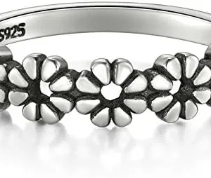 BORUO 925 Sterling Silver Ring, Daisy Flower Hawaiian High Polish Tarnish Resistant Comfort Fit Wedding Band Ring