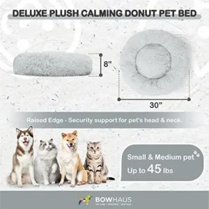 BOWHAUS 24/30 Inch Calming Donut Pet Bed for Small/Medium Cats and Dogs, Anti-Slip Bottom, Washable, Anti-Anxiety Fluffy Round Cat Bed, Indoor Shaggy Cuddler Cotton Candy Brown, Light Gray, Pink Bed