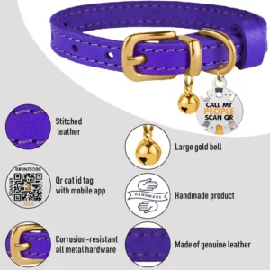 BRONZEDOG Leather Cat Collar with Bells Non Breakaway Kitten QR Tag for Girl Boy (7″ – 9″ for Cats, Purple & Gold)