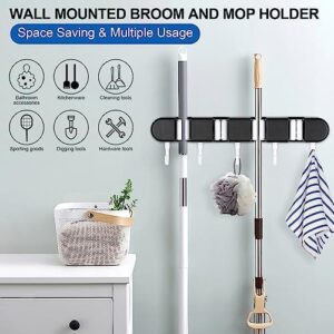 Broom and Mop Holder Wall Mounted, Mop Hanger Broom Storage Tool Rack with 4 Racks & 5 Hooks, Mop Broom Organizer, Garden Tool Organizer with Adhesive Hooks for Home Laundry Garage Kitchen Shed, Black