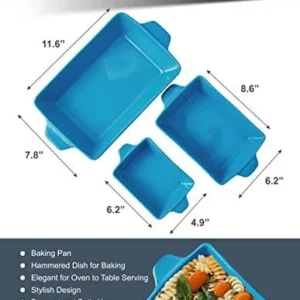 Bruntmor Rectangular Ceramic Glaze Bakeware Set | Baking Dish Oven Safe, Baking Pan Hammered Dish for Cooking, Lasagna Pan, Kitchen, Cake Dinner, Banquet and Daily Use | Set Of 3 (Blue)