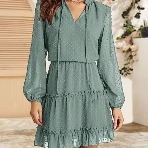 BTFBM Women Casual Spring Summer Dresses Tie V Neck Long Sleeve High Waist Ruffle Tiered A Line Swing Tunic Mini Dress