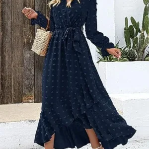 BTFBM Women’s Boho Cocktail Maxi Dress 2024 Spring Summer V Neck Swiss Dot Long Sleeve Flowy Slit Wedding Party Dresses