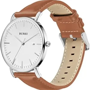 BUREI Men’s Fashion Minimalist Wrist Watch Waterproof Watches Simple Ultra Thin Watches Analog Quartz Date with Brown Black Leather Strap