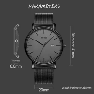 BUREI Men’s Fashion Minimalist Wrist Watch Waterproof Watches Simple Ultra Thin Watches Analog Quartz Date with Stainless Steel Mesh Band