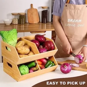 BYOA Official 2 Set Stackable Bamboo Storage Bins, Pantry Organizers and Storage, Kitchen Countertop Organization and Storage Basket for Produce, Onions, Potatoes, Garlic, Fruits, Vegetable and Bread