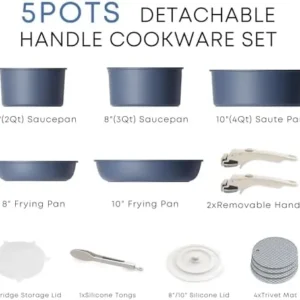 Caannasweis Pots and Pans Set Nonstick, Detachable Handle Cookware Sets, Stackable Induction Kitchen Cookware with Removable Handle, RV and Camping Cookware, Dishwasher and Oven Safe, 5 Pots Blue