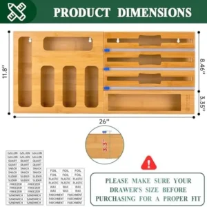 Calmbee 9 IN 1 Storage Bag Organizer for Kitchen Drawer, Bamboo Foil and Plastic Wrap with Cutter, Organizers Compatible Gallon, Quart, Sandwich Snack Size