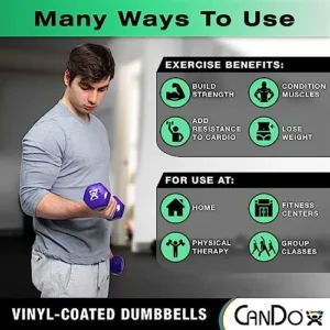 CanDo Vinyl Coated Dumbbells Pair Green 3 lb 2pc Handheld Weights for Muscle Training and Workouts, Color Coded Anti-Roll Home Gym Equipment, Beginner and Pro