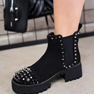 Cape Robbin Spiky Pull On Combat Boots – Stylish Studded Platform Boots for Women – Black and Gold Boots for Women Fashion