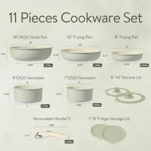 CAROTE 11pcs Pots and Pans Set, Nonstick Cookware Set Detachable Handle, Induction Kitchen Cookware Sets Non Stick with Removable Handle, RV Cookware Set, Oven Safe, Green