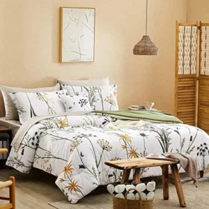 CASAAGUSTO Full Comforter Set 8 PCS White & Green Dandelion Plant Comforter Set with Flowers Leaves Pattern Soft Seersucker Design All Season Microfiber Bedding Set with Decor Pillow (Full 80″X90″)