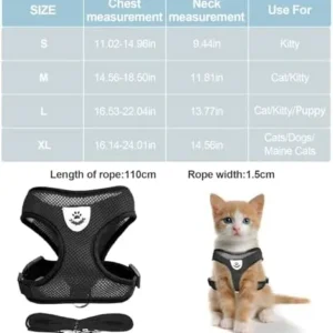 Cat Chest Harness and Leash, Anti-Escape Adjustable Soft mesh cat Leash and Chest Harness Set for Small Cats and Puppies, Medium cat Vest (Size M,Black)