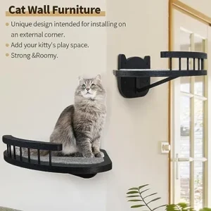 Cat Wall Furniture Wall Mounted, 2PCS Cat Shelves and Cat Perches for Wall with 3 Cat Wall Steps and Scratching Pad, Cat Climbing Condo Fit Cat Up to 15Lbs, Wood Cat Hammock Wall Mount (Black)