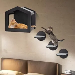 Cat Wall Shelves, Cat Shelves and Perches for Wall, Cat House Fit Cat Up to 25Lbs, 1 Cat Condo House and 3 Large Cat Steps with Scratching Pad, Cat Climbing Shelf for Indoor, Cat Wall Furniture