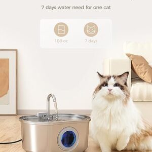 Cat Water Fountain Stainless Steel: 108oz/3.2L Cat Fountain for Drinking- Pet Water Fountain for Cats Inside – Automatic Cat Water Dispenser Bowl – Cat Feeding & Watering Supplies – Water Level Window