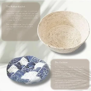 Catfelix Cat Basket Bed – Large Round Rattan Woven Beds for Indoor Cats and Small Dogs with Soft Cotton Cushion Bucket Nest for Your Pet to Cuddle, Cute Circle Baskets for Kitty