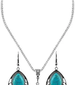 CCBFY Turquoise Pendant Necklace Earring Set, Retro Turquoise Jewelry Gifts for Women Girls 19” + 2.5”