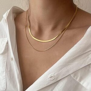 CHESKY 14K Gold/Silver Plated Snake Chain Necklace Herringbone Necklace Gold Choker Necklaces for Women Girl Gifts Jewelry 1.5/3/5MM(W) 14″/16″(L)