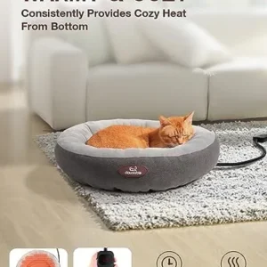 clawsable Heated Cat Bed for Small Size Cats, 20″ Soft & Cozy Donut Heated Pet Bed with Time & Temp Adjustable Pet Heating Pad for Indoor Cat, Electric Bed Heater Warmer for Kitten Cat (Gray)