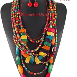 COLORFUL BLING Handmade Multi-Layer Chunky Wooden Beads Bib Necklace Earrings Set African Statement Collar Choker Multi Strand Necklace Boho Jewelry