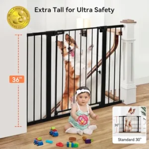 COMOMY 36″ Extra Tall Baby Gate for Stairs Doorways, Fits Openings 29.5″ to 48.8″ Wide, Auto Close Extra Wide Dog Gate for House, Pressure Mounted Easy Walk Through Pet Gate with Door, Black