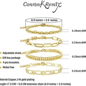 CONRAN KREMIX Gold Bracelet Sets for Women Girls 14K Real Gold Chain Dainty Link Paperclip Bracelets Stake Adjustable Layered Link Bracelet Set Fashion Jewelry