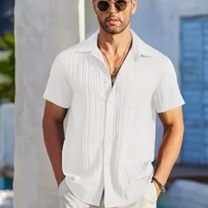 COOFANDY Men’s Casual Button Down Shirts Short Sleeve Textured Linen Summer Beach Shirt with Pocket