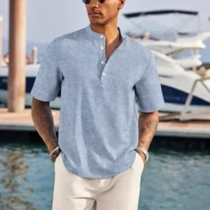 COOFANDY Men’s Casual Henley Shirt Short Sleeve Band Collar Linen Shirt Summer Beach Hippie T Shirts